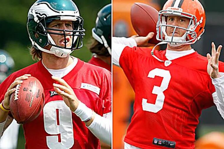 Rookie quarterbacks Nick Foles and Brandon Weeden will start in Friday's Eagles-Browns game. (File photos)