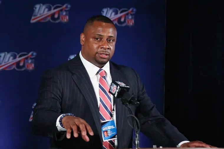 FILE - In this May 22, 2019, file photo, NFL vice president Troy Vincent  speaks to the media during an owners meetings in Key Biscayne, Fla. Vincent has sent a letter to several prospects inviting them to participate “live” in the NFL draft in three weeks.