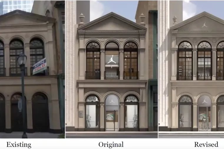 On March 8, Michael Kouvaris of MBH Architects presented the new design rendering for the proposed World of Flight store slated for 1617 Walnut St. to the Philadelphia Historical Commission. The left image presents the existing facade, the middle image presents the original proposal submitted, and the far right presents the updated proposal.