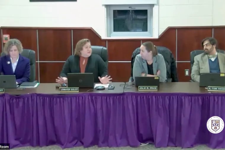 Upper Moreland School District board member Jennifer Solot (second from left) speaks during a Dec. 6 school board meeting, in this screenshot from a video recording that was posted on the district's website. Also pictured from left are Superintendent Susan Elliott and board members Jolie Price and Tom Hasani.