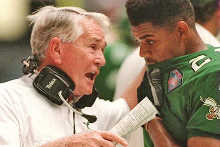 Former Eagles cornerback Eric Allen, shown with defensive coordinator Bud Carson, is a first-time Hall of Fame semifinalist.