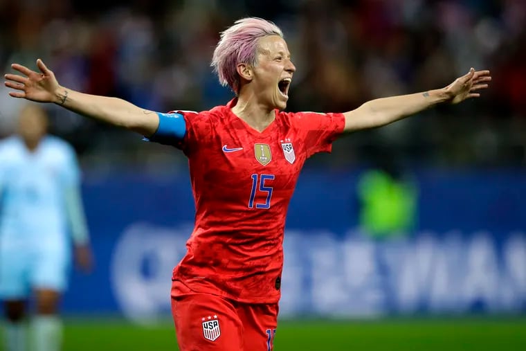 The United States' Megan Rapinoe celebrates after scoring against Thailand in a group stage Women's World Cup game on June 11.