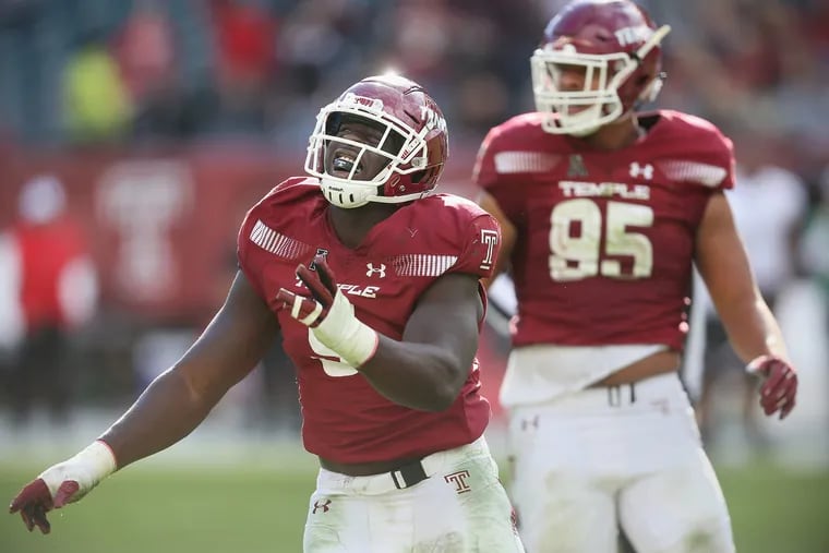 Temple defensive tackle Michael Dogbe (9) celebrates a sack in the fourth quarter of a game against Cincinnati at Lincoln Financial Field in South Philadelphia on Saturday, Oct. 20, 2018. Temple won 24-17 in overtime. TIM TAI / Staff Photographer