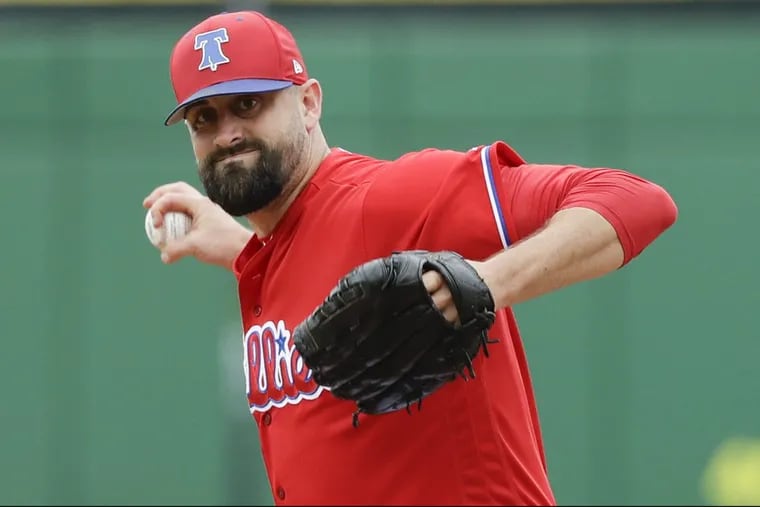 Phillies pitcher Pat Neshek throws a warm-up pitch against the Tampa Bay Rays during a spring training game on Saturday, March 10, 2018 at Spectrum Field in Clearwater, FL.