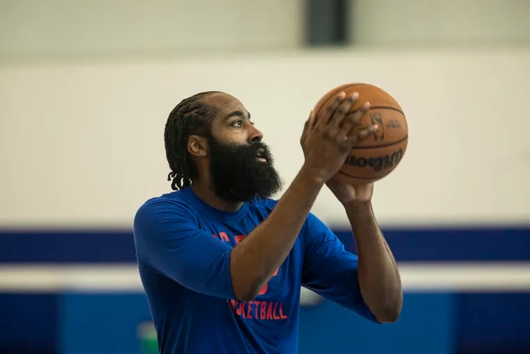 James Harden (1), Point Guard for Philadelphia 76ers, during practice at the Philadelphia 76ers Training Complex in Camden, N.J., on Tuesday, April 12, 2022.