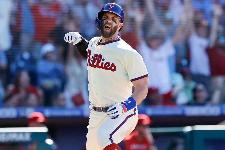 Phillies Bryce Harper yells after hitting an eighth inning three home run against the Los Angeles Angels.