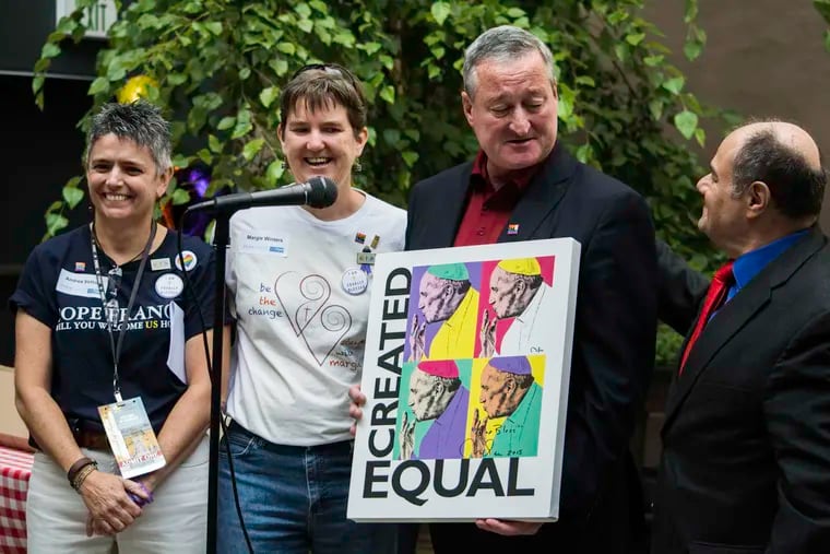 Andrea Vettori, Margie Winters, and Mark Segal (right) present Democratic mayoral nominee Jim Kenney with Papal artwork promoting social equality LGBT Family Papal Picnic on Sept. 26, 2015.