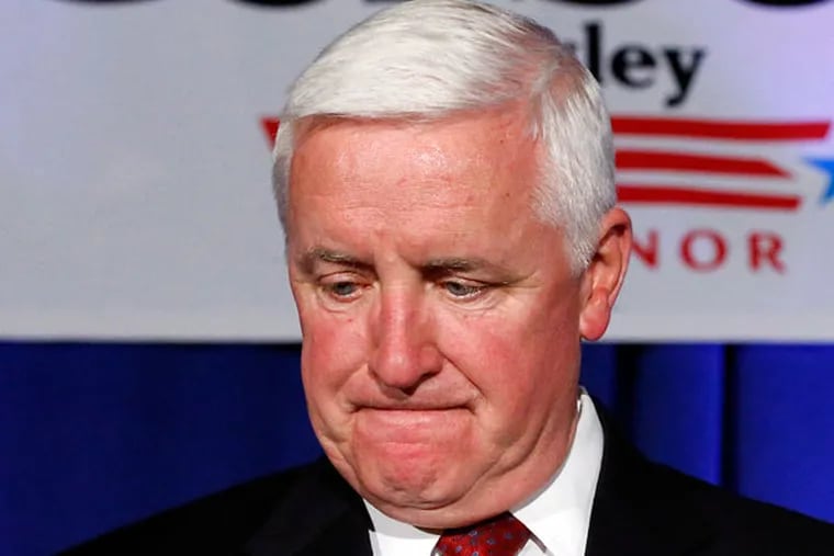 Tom Corbett pauses as he concedes the election to Tom Wolf on Tuesday, Nov. 4, 2014 in Pittsburgh. (AP Photo/Gene J. Puskar)