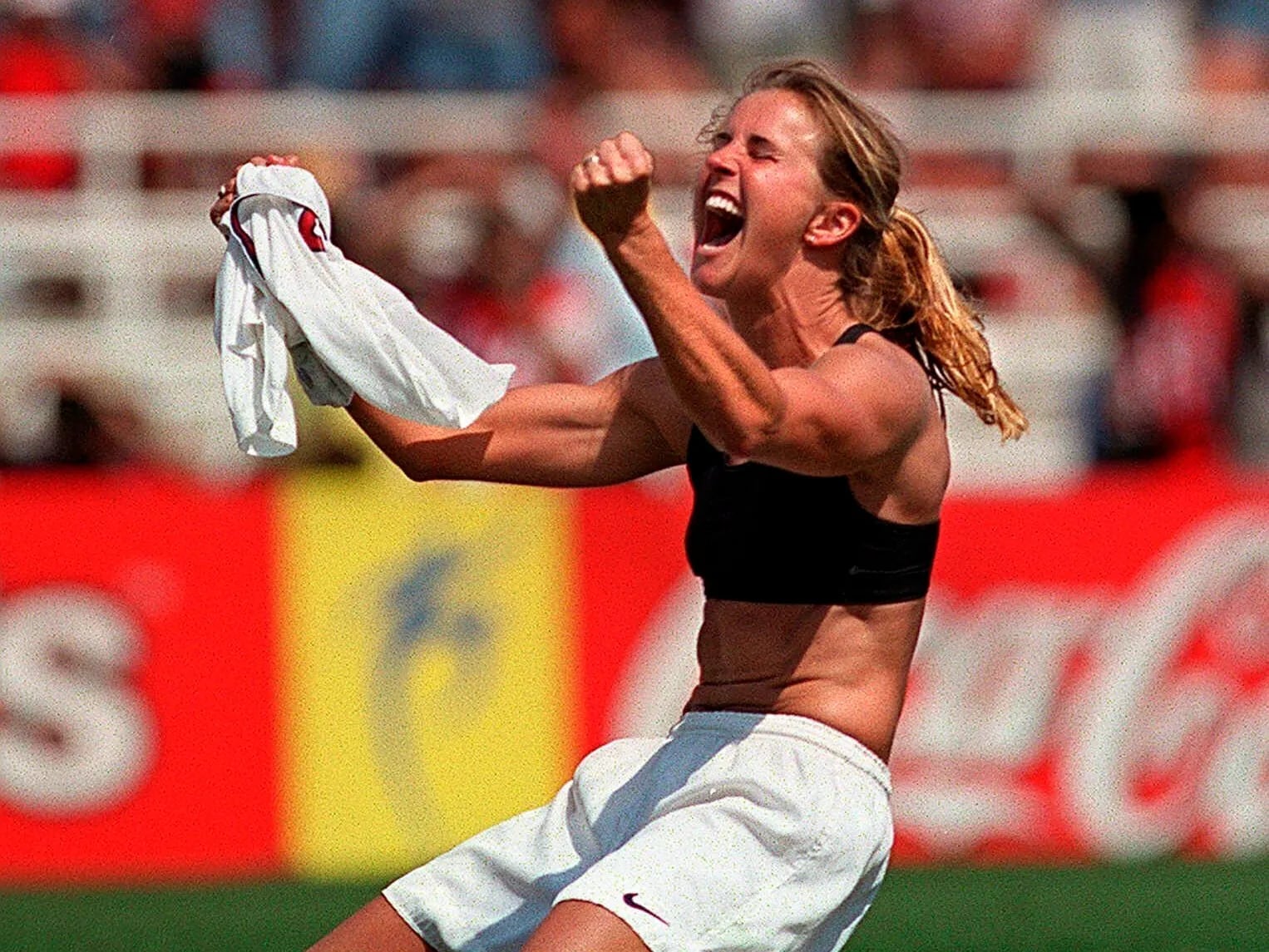 The U.S.'s Brandi Chastain reacts to her winning penalty kick that won the 1999 World Cup for the U.S. national team in their game against China in the Rose Bowl in Pasadena, Calif., on Saturday, July 10, 1999.