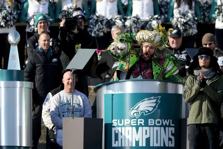Eagles center Jason Kelce yells during his speech at the Super Bowl  celebration Thursday, Feb. 8, 2018, at the Art Museum in Philadelphia, Pa. ( David Maialetti / Staff photographer )
