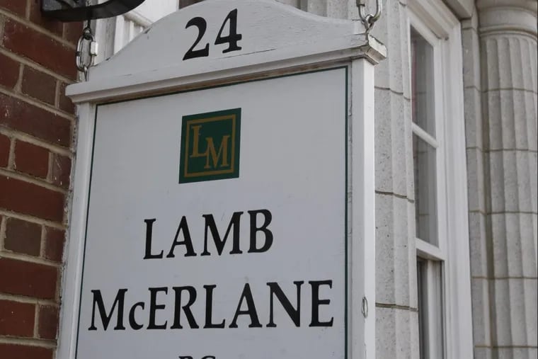Law firm Lamb McErlane’s sign, in front of its offices in West Chester.