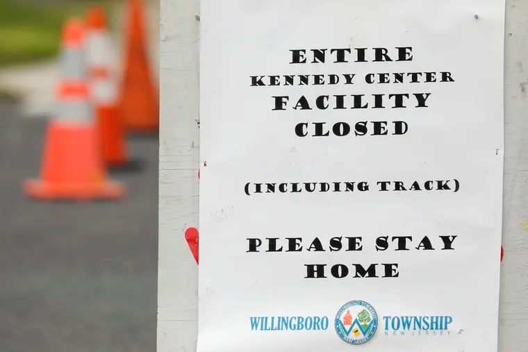 A sign in front of the Willingboro Senior Center reads PLEASE STAY HOME in Willingboro, NJ on April 12, 2020.