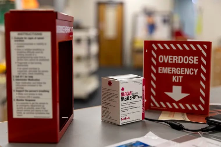 A display of an overdose emergency kit with Narcan nasal spray at the Highland Regional High School Library in Blackwood, N.J., Oct., 13, 2022.
