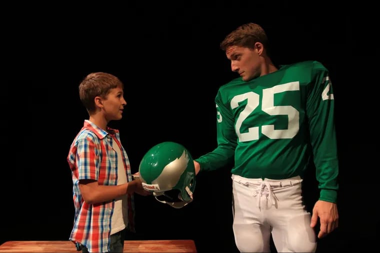 Ray Didinger (Simon Canuso Kiley) meets boyhood hero Eagles player Tommy McDonald (Ned Pryce) in the late 1950s in Theatre Exile’s world premiere of “Tommy and Me”  by Ray Didinger.