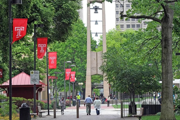 A campus view of Temple University with the well-known bell tower in the background.