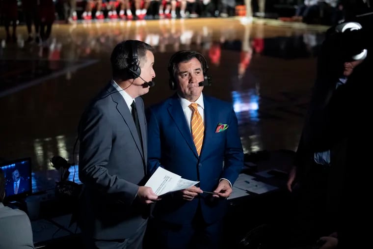 ESPN college basketball broadcaster Fran Fraschilla (right), with Doug Sherman at a game last year, has had to stay flexible with his schedule.