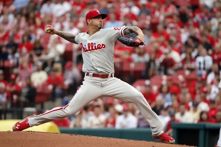 Vince Velasquez pitched 6 1/3 shutout innings in his last start Thursday night at St. Louis. Over his last three starts, the righthander is 3-0 with a 2.08 ERA.