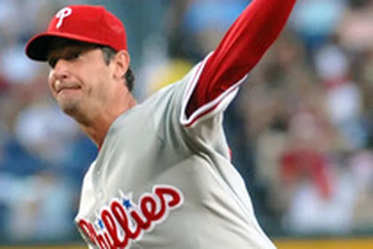 The Phils&#0039; Jamie Moyer beat the Braves for the first time since May 23, 1987. Moyer allowed five hits and three runs in seven innings.