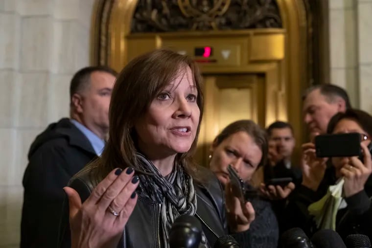 General Motors CEO Mary Barra speaks to reporters after a meeting with Sen. Sherrod Brown, D-Ohio, and Sen. Rob Portman, R-Ohio, to discuss GM's announcement it would stop making the Chevy Cruze at its Lordstown, Ohio, plant, part of a massive restructuring for the Detroit-based automaker, on Capitol Hill in Washington, Wednesday, Dec. 5, 2018. General Motors is fighting to retain a valuable tax credit for electric vehicles as the nation's largest automaker grapples with the political fallout triggered by its plans to shutter several U.S. factories and shed thousands of workers.  (AP Photo/J. Scott Applewhite)