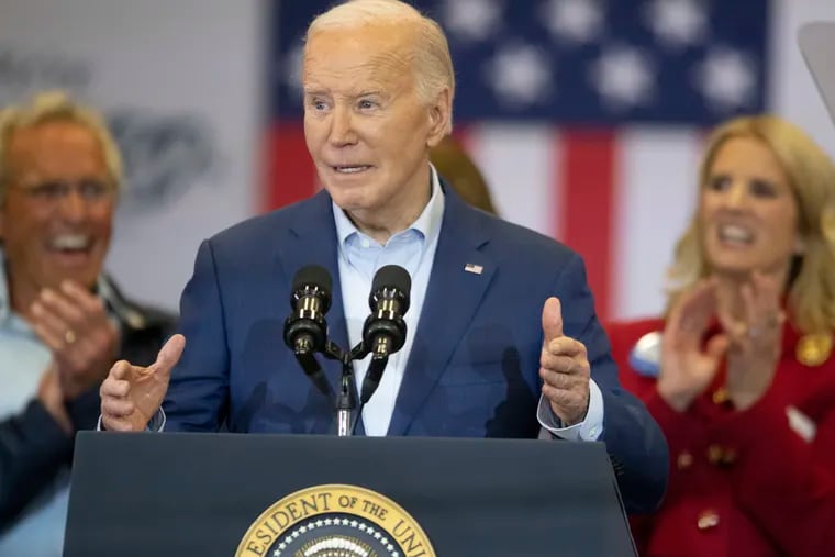 President Joe Biden speaks at a campaign stop at the Martin Luther King Recreation Center in Philadelphia on Thursday. He stopped at Wawa on Chestnut Street on his way back to the airport.