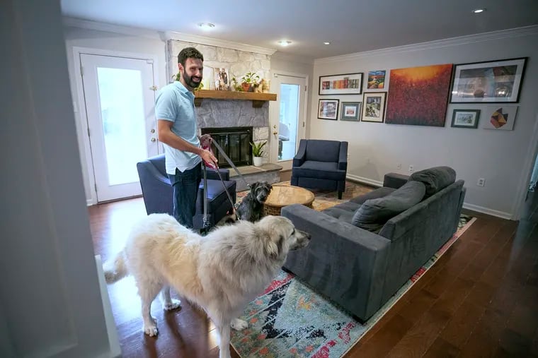Mike Sinoway with family dogs Chloe (front) and Dobie in Wynnewood. The house is filled with colorful artwork, including several impressionistic landscape watercolors by Stephanie’s grandfather, Jack Trompetter.
