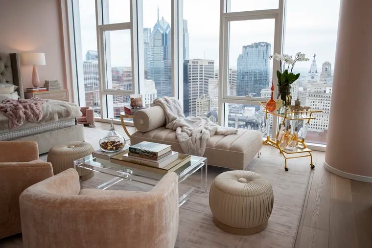 The primary bedroom in the 42nd floor penthouse at the Arthaus building in Philadelphia, Pa. on Wednesday, April 26, 2023. Interior Designer Jimmy DeLaurentis staged the penthouse unit. He also has his own furniture brand, the JAMES private label collection.