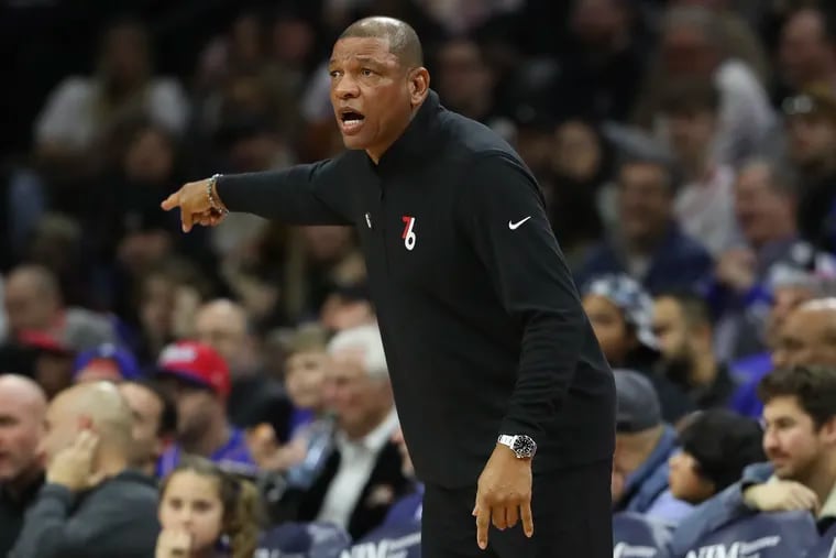 Sixers head coach Doc Rivers points to his bench against the Chicago Bulls in the first period on Monday, March 20, 2023 in Philadelphia.