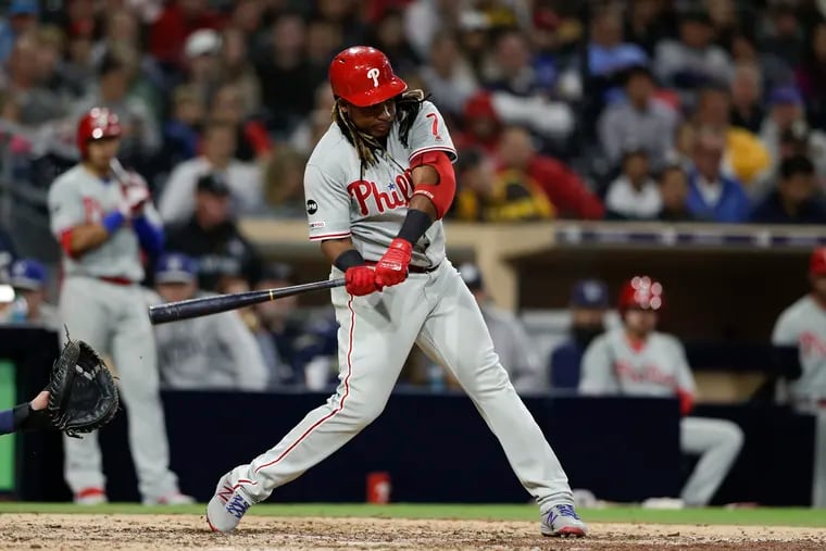 Struggling Phillies third baseman Maikel Franco connects for a pinch-hit homer in the eighth inning Tuesday night in San Diego.