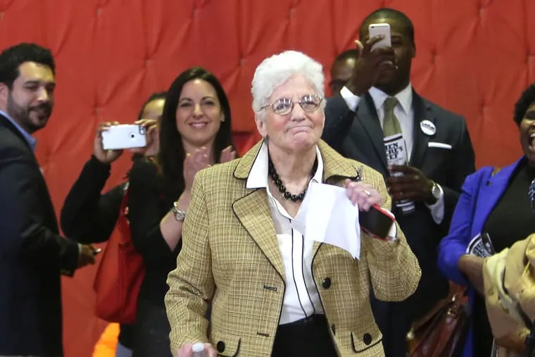 Lynne Abraham seemed to be feeling fine at a forum at Dobbins High, a day after collapsing during a mayoral debate. (STEPHANIE AARONSON / STAFF PHOTOGRAPHER)