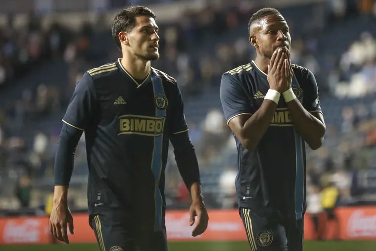 The Union's Julián Carranza (left) and Andrés Perea were frustrated as they left the field after Friday's scoreless tie at home with D.C. United.