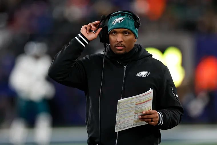 Eagles offensive coordinator Brian Johnson during the loss to the New York Giants at MetLife Stadium on Sunday.