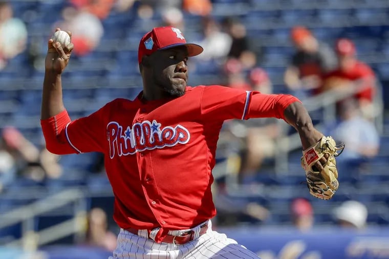 Enyel De Los Santos, pictured in spring training in March, threw six innings Sunday in Triple-A Lehigh Valley’s loss to Pawtucket.
