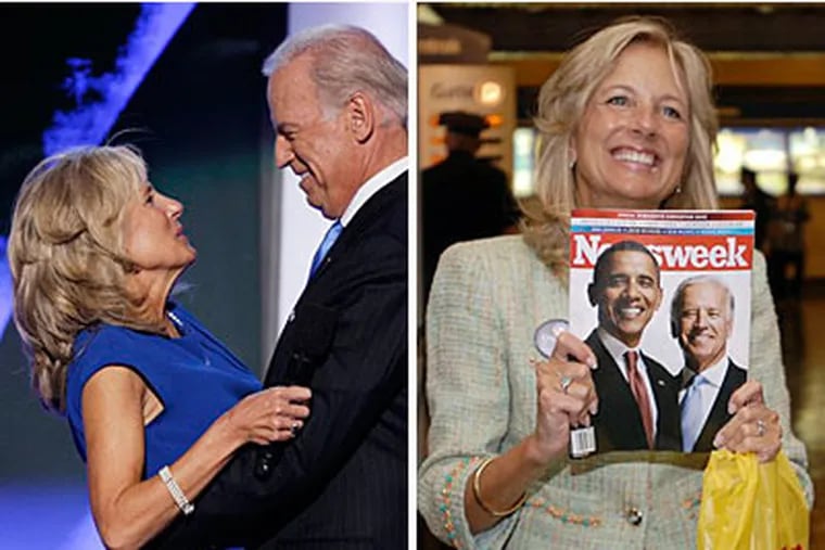 Jill Biden hugs her husband at the Democratic National Convention in Denver. At right, with news magazine. (AP)