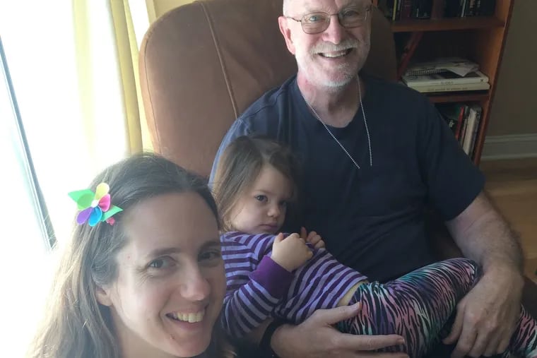Alison McCook with her daughter, and her father Ned, in 2017. Ned died this year after months of not seeing his daughter in person due to COVID restrictions in his nursing home.