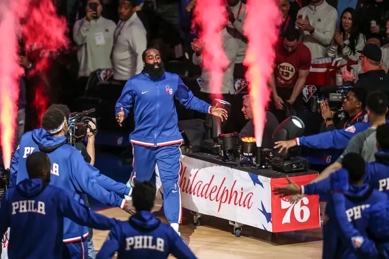 The Sixers' James Harden is introduced for the first time at home before his game against the Knicks.