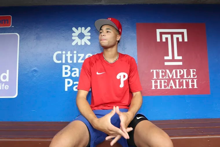 Phillies 2022 first-round draft pick Justin Crawford waits to meet with the media on Monday, July 25, 2022 in Philadelphia.