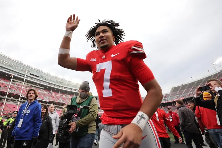 C.J. Stroud of the Ohio State Buckeyes leaves the field after a 56-7 win over the Michigan State Spartans at Ohio Stadium on November 20, 2021 in Columbus, Ohio. (Photo by Gregory Shamus/Getty Images)