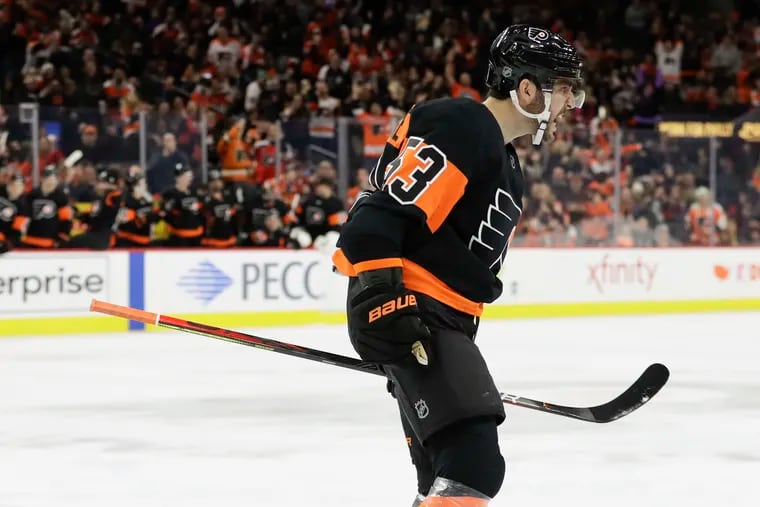 Flyers defenseman Shayne Gostisbehere celebrates his first-period goal against the Ottawa Senators on Dec. 7, 2019.