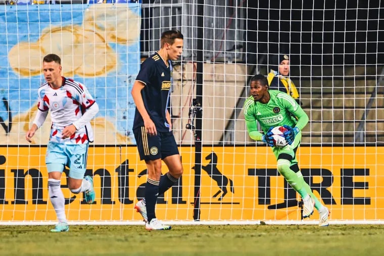 Andre Blake (right) was subbed out in the 33rd minute of the Union's game against Chicago on Saturday after suffering a groin injury