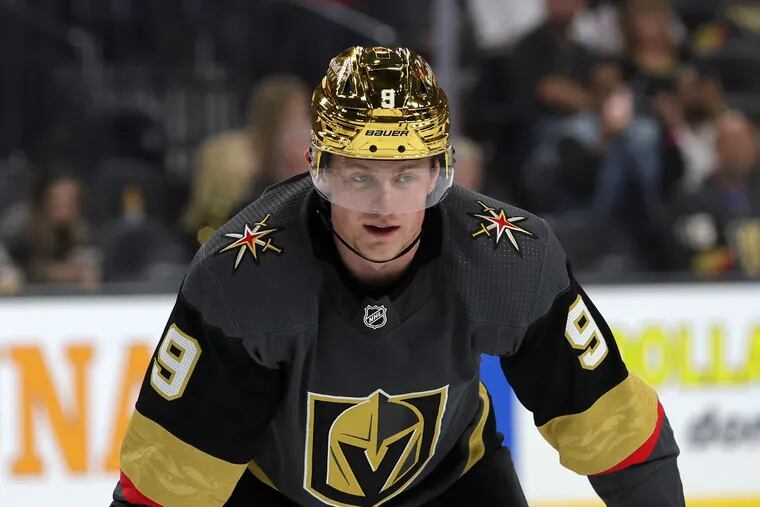 Jack Eichel of the Vegas Golden Knights waits for a faceoff in the second period of a game against the Los Angeles Kings at T-Mobile Arena on March 19, 2022 in Las Vegas, Nevada. The Golden Knights defeated the Kings 5-1. (Photo by Ethan Miller/Getty Images)