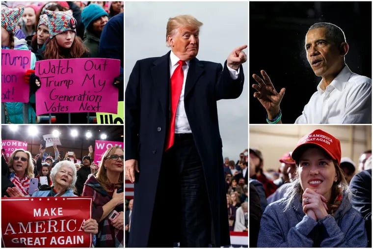 President Trump (center) at a rally in West Virginia Nov. 2. Protesters at the Women's March in Washington, D.C. on Jan. 21, 2017 (top left). Former President Barack Obama (top right) at a Democratic rally Nov. 2 in Florida. Trump supporters at rallies in Missouri (bottom right) and West Virginia (bottom left).