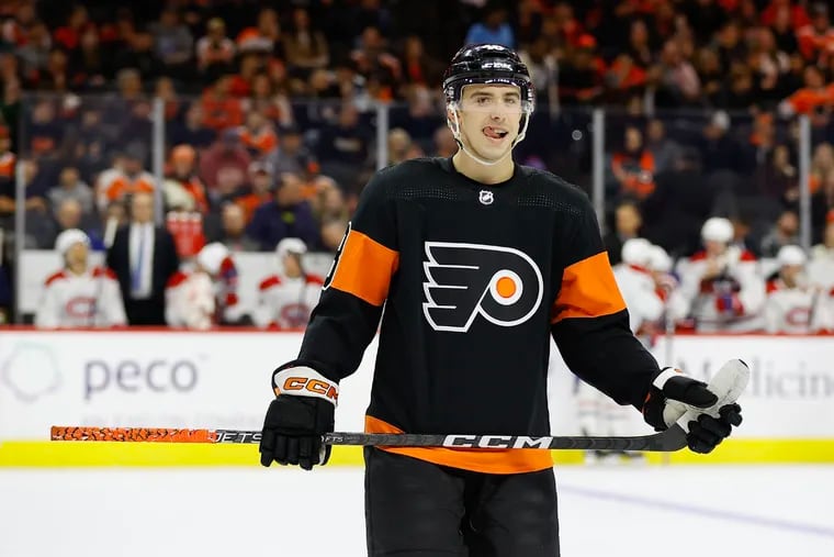Flyers center Morgan Frost has zero points in six games to start the season.