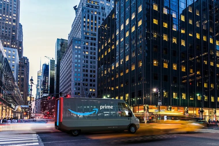 This artist's rendering shows an electric-powered Amazon delivery van speeding through a city street. In reality, delivery trucks are often mired in congestion.