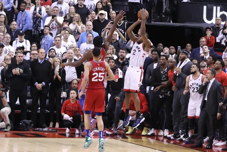 Kawhi Leonard of the Raptors hits the game-winning shot in game 7 of the NBA Eastern Conference semifinals at the Scotiabank Arena in Toronto on May 12, 2019.