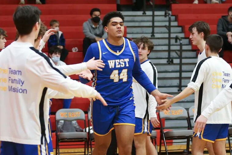 Downingtown West senior Drew Shelton 44, is before his game at West Chester East, Thursday, February 3, 2022. Downingtown West bests West Chester East 45-38.