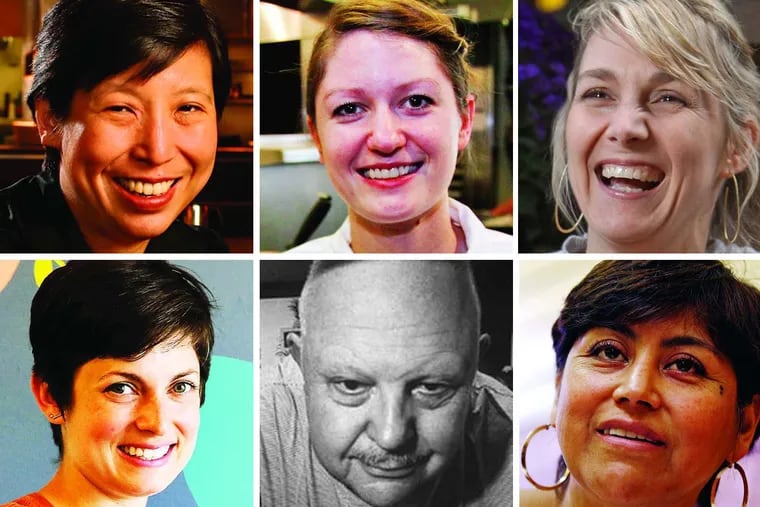 Some of Philadelphia’s 2018 James Beard semifinalists, and Beard himself. Top row, from left: Ellen Yin, Camille Cogswell, and Aimee Olexy. Bottom row, from left, Tova du Plessis and Cristina Martinez.