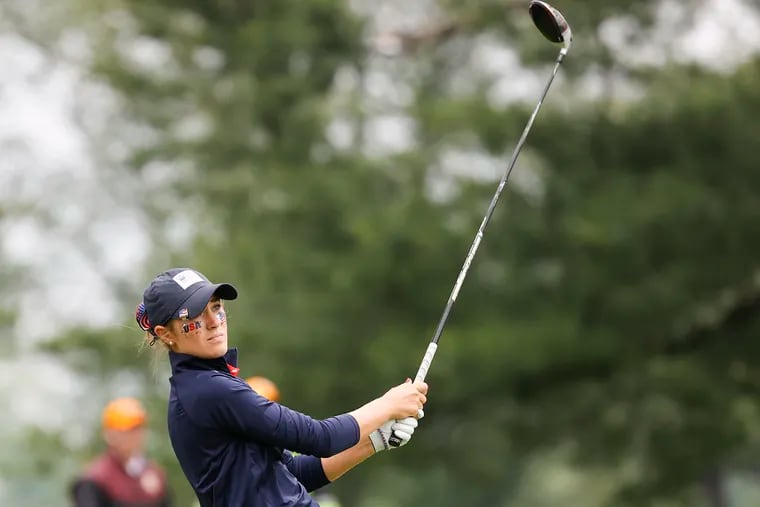 Team USA member Rachel Kuehn watches her tee shot at the par 4 2nd hole during 2022 Curtis Cup Match at Merion Golf Club in Ardmore, Pennsylvania on Sunday, June 12, 2022.