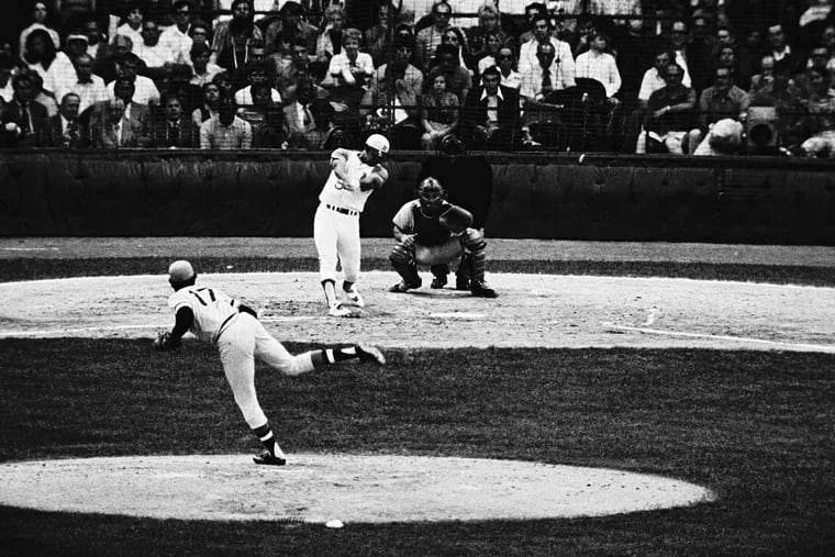 Reggie Jackson follows through with his towering third-inning home run in the 1971 All-Star Game off Dock Ellis.