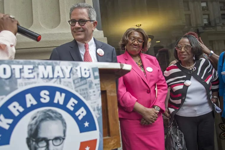 Democratic District Attorney candidate Larry Krasner is endorsed by former City Councilwoman Marian Tasco (right) and State Rep. Isabella Fitzgerald outside the DA&#039;s Office May 1, 2017.
