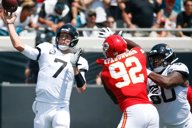 Defensive end Tanoh Kpassagnon pressures quarterback Nick Foles during the Chiefs' Week 1 opener against Jacksonville on Sept. 8, 2019.